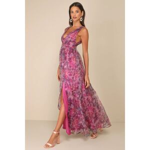 Lulus Garden Romance Magenta Floral Print Organza Maxi Dress, Large, NWT